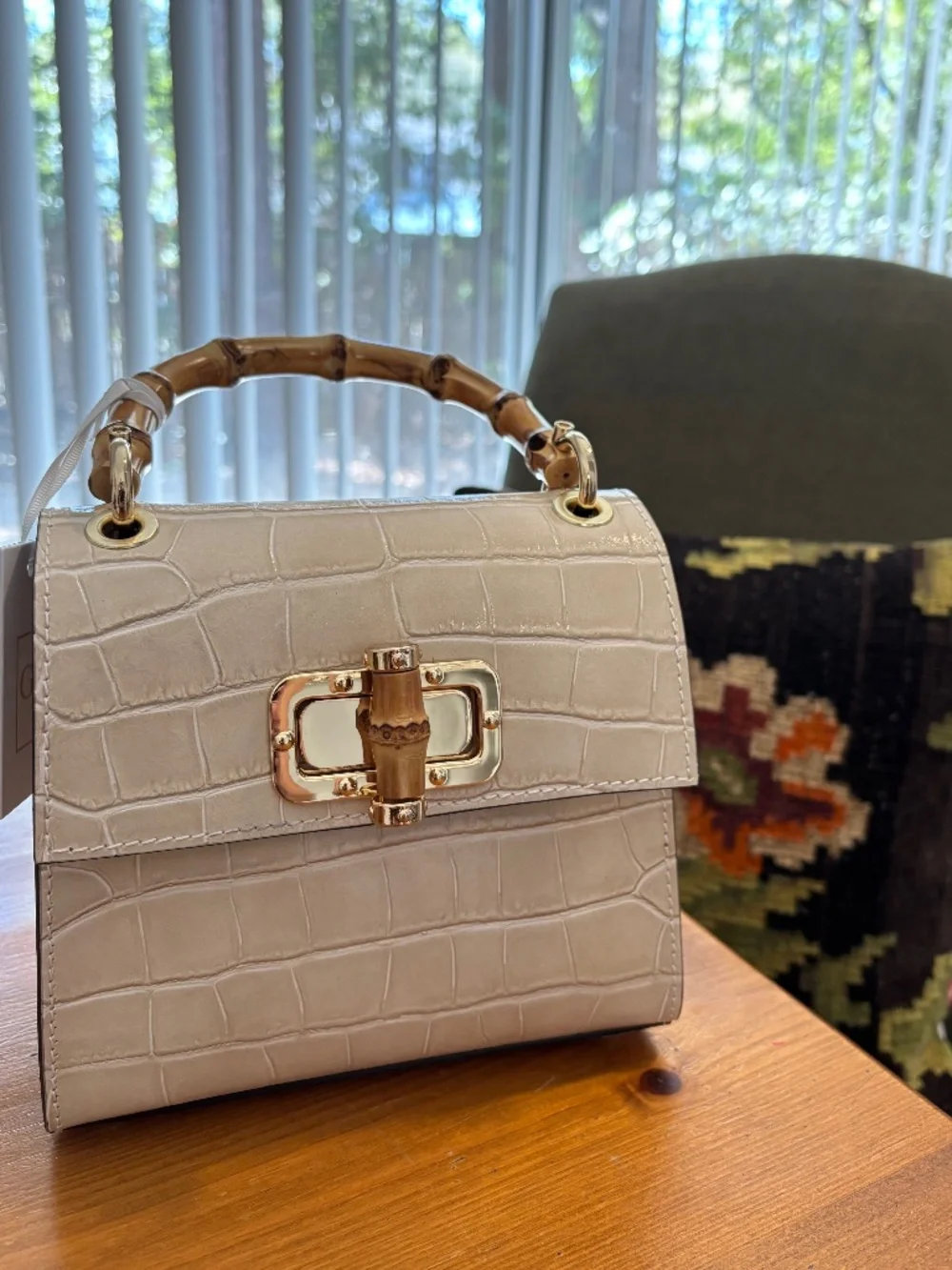 NWT Bamboo Handle Mini Handbag in Beige Italian Croc Leather Top Handle